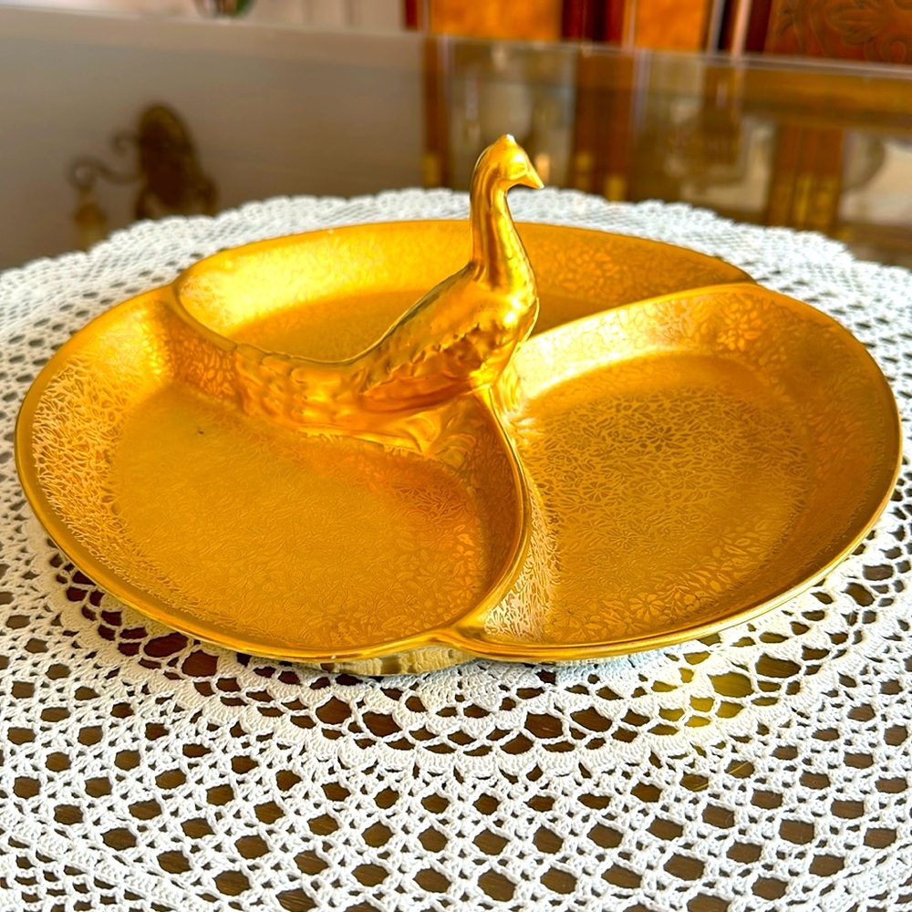 Gold Gilt Peacock Handle Divided Textured Floral Relish Trinket Dish.